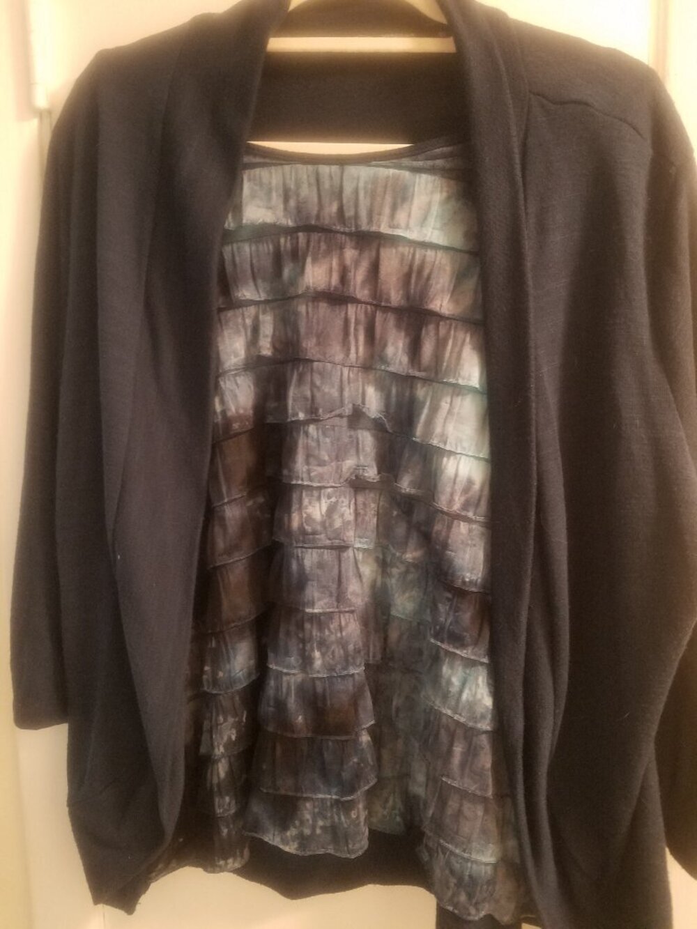Open-Front Cardigan with Ruffled Satin-Look Lining - Navy & Iridescent
